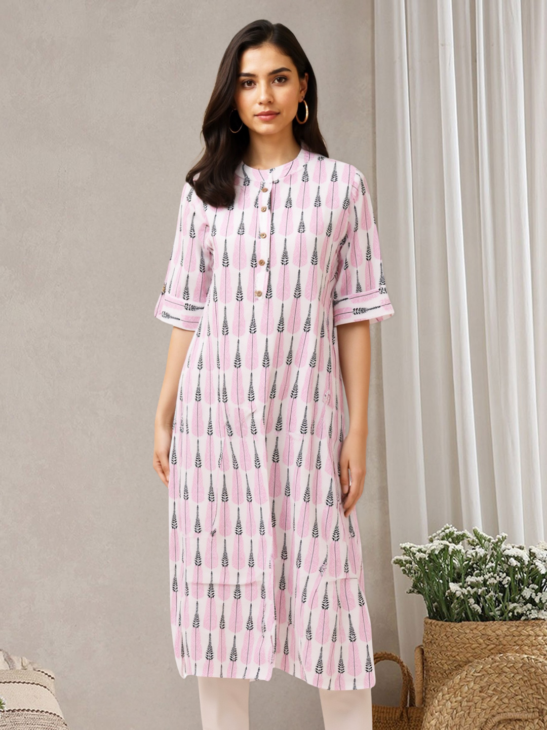 Picture of Trendy Buttoned High Round Neck Printed Kurta